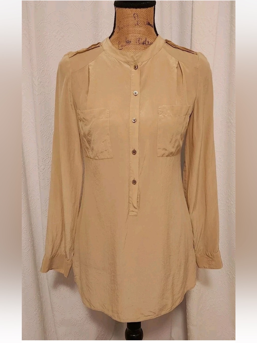 Ann Taylor Silk Blouse Tunic in Beige Pullover Roll Up Long Sleeve Sz L Sz 14